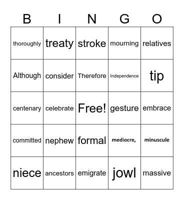 vocabulary Bingo Card