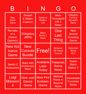 Nintendo Direct 9.12.2025 Bingo Card