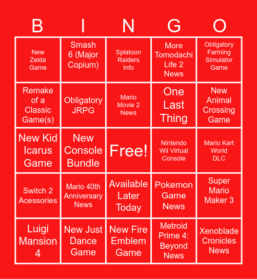 Nintendo Direct 9.12.2025 Bingo Card