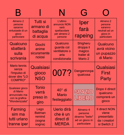 Nintendo Direct Gen 2 Bingo Card