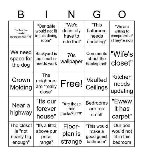 House Hunters Bingo Card