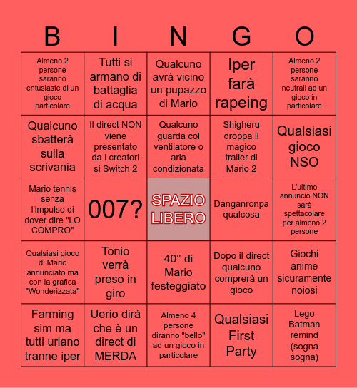 Nintendo Direct Gen 2 Bingo Card