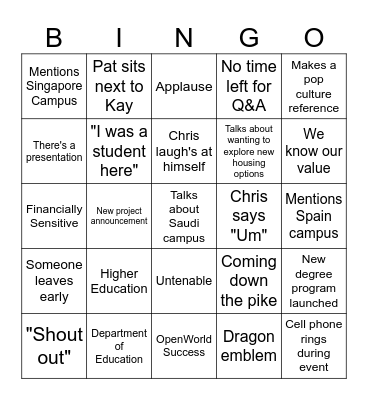 All Hands Bingo Card