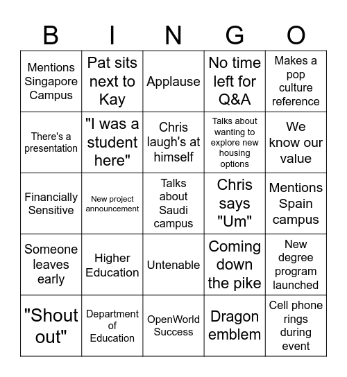 All Hands Bingo Card
