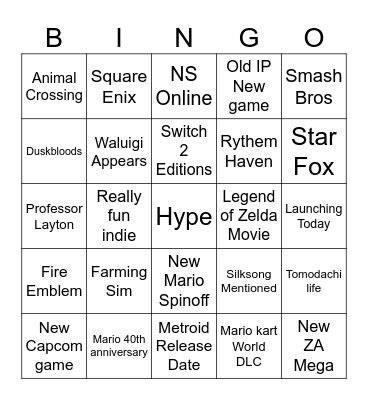 Nintendo Direct Bingo Card