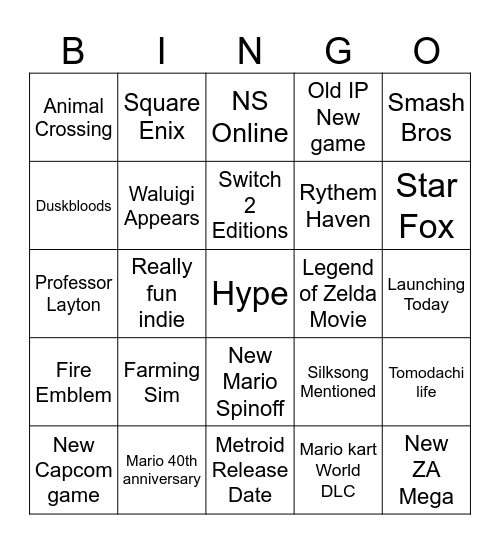 Nintendo Direct Bingo Card