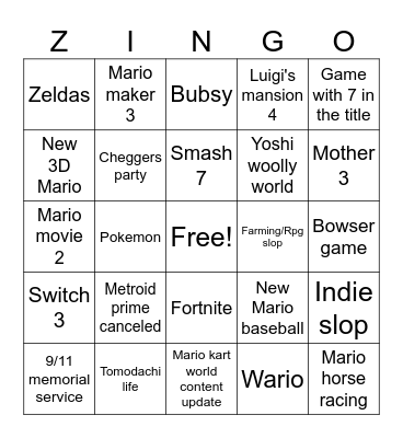 Nintendo directions Bingo Card