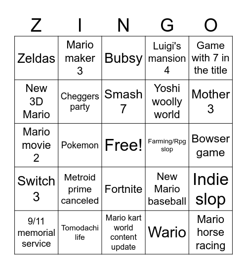 Nintendo directions Bingo Card