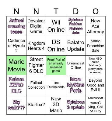 Nintendo direct Bingo Card