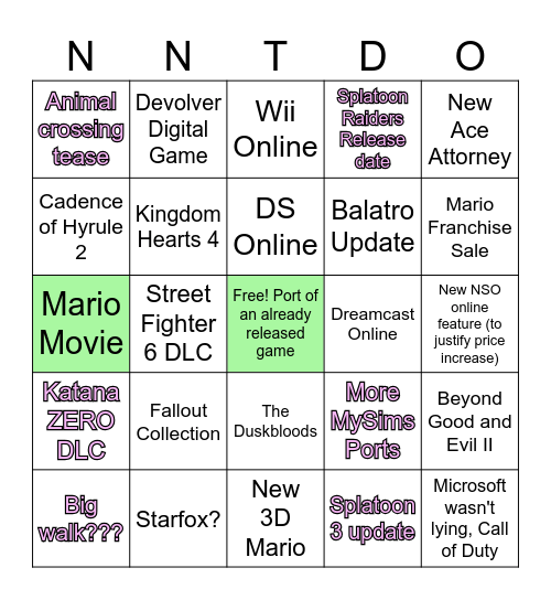 Nintendo direct Bingo Card