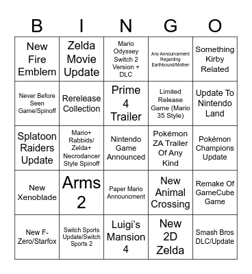 New Nintendo Direct Bingo Card