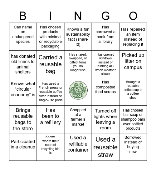 Sustainability Bingo Card