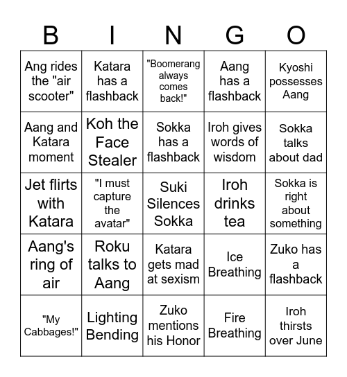 Avatar Season One Bingo Card