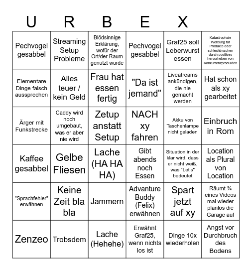 Let's Urbex Bingo für Videos und Streams Bingo Card