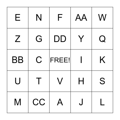 Generic Bingo, Letters A-CC Bingo Card