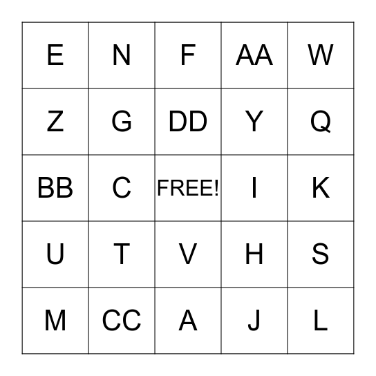Generic Bingo, Letters A-CC Bingo Card
