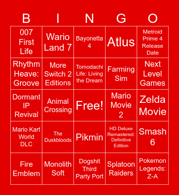 Nintendo Direct September 2025 Bingo Card