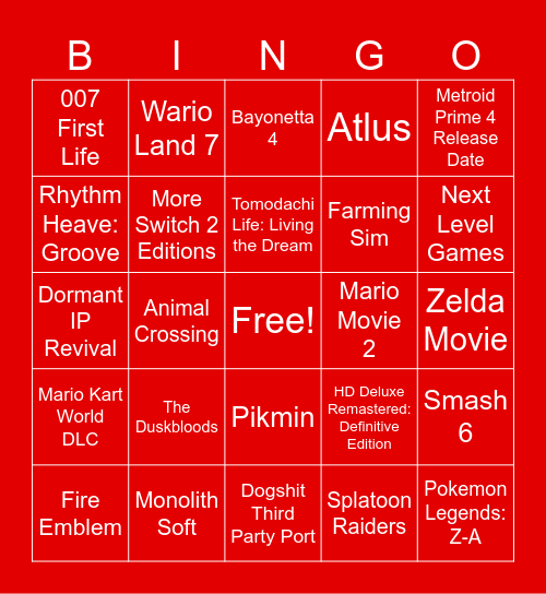 Nintendo Direct September 2025 Bingo Card