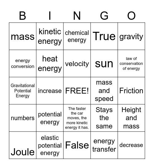 8th Grade KE and PE Bingo Card