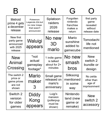 Nintendo Direct 9/12/25 Bingo Card