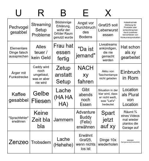 Let's Urbex Bingo für Videos und Streams Bingo Card