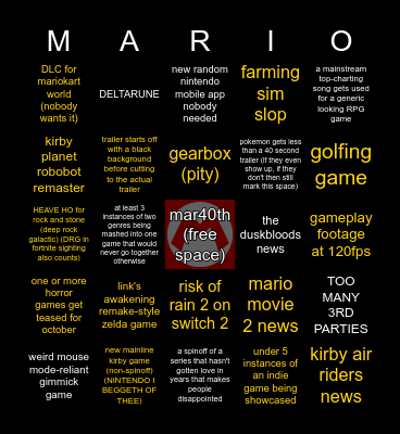 nintendo general direct sept 2025 (predictions highlihgted in yellow) 10 Sept 25 at 9:00 AM EST Bingo Card