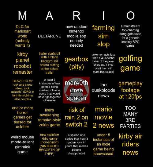 nintendo general direct sept 2025 (predictions highlihgted in yellow) 10 Sept 25 at 9:00 AM EST Bingo Card