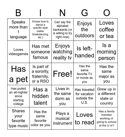 Icebreaker Bingo Card