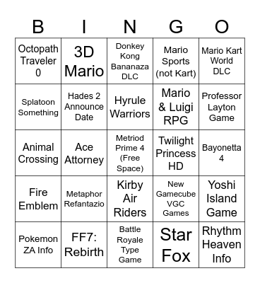 Nintendo Bingo Board 9/12/25 Bingo Card