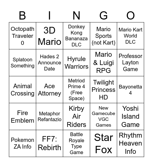 Nintendo Bingo Board 9/12/25 Bingo Card