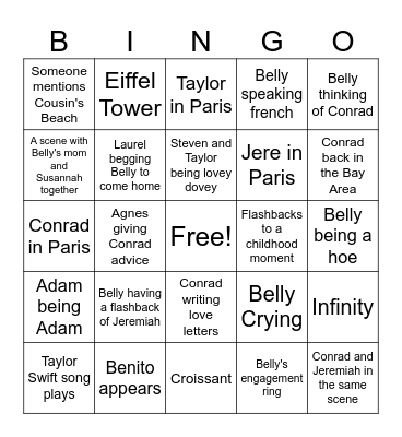The Summer I Turned Pretty Epsiode 9 Bingo Card