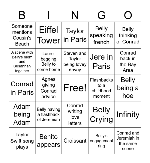 The Summer I Turned Pretty Epsiode 9 Bingo Card