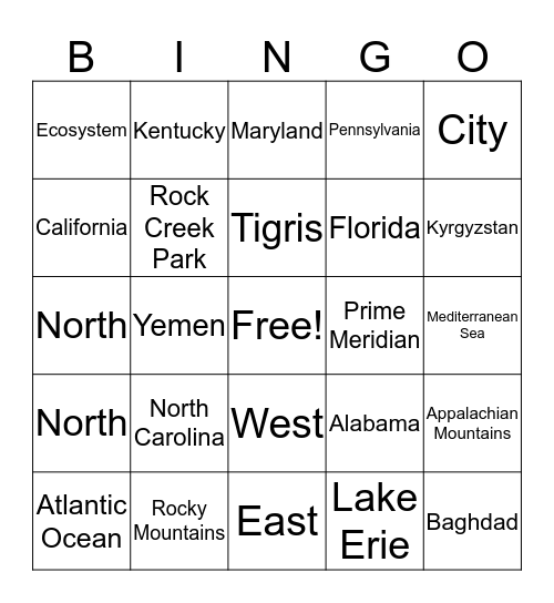 GeoChallenge Bingo! Bingo Card