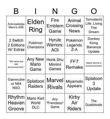 Nintendo Direct September 2025 Bingo Card