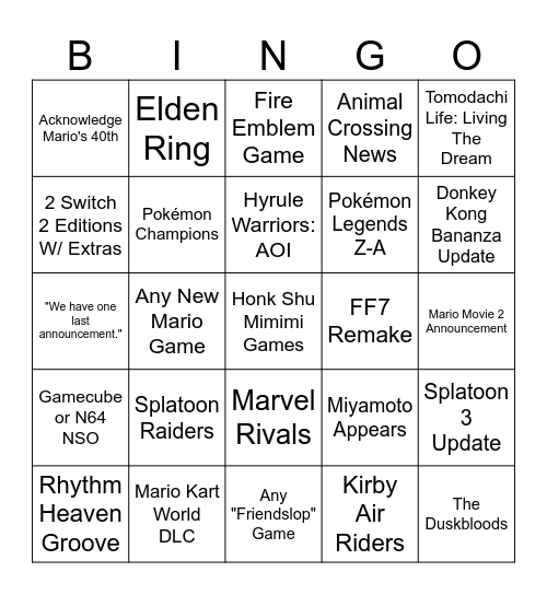 Nintendo Direct September 2025 Bingo Card