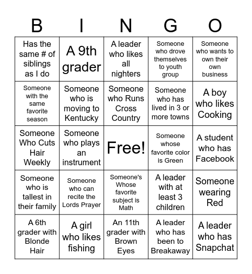 Meadowbrook Youth  Bingo Card