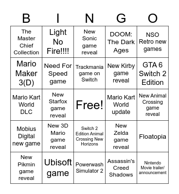Nintendo Direct 12/09/2025 Bingo Card