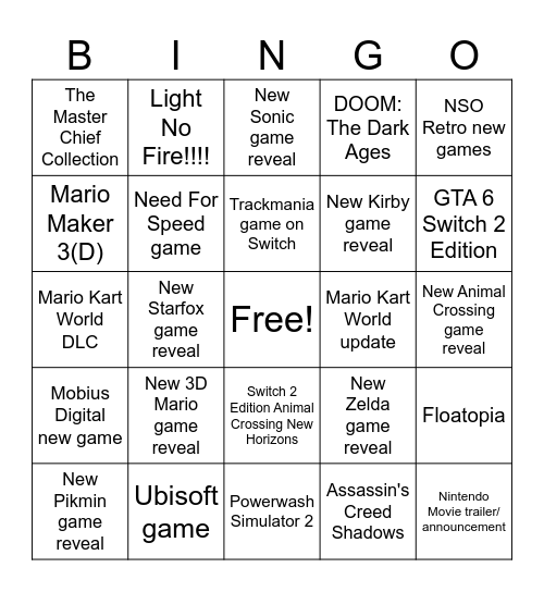 Nintendo Direct 12/09/2025 Bingo Card