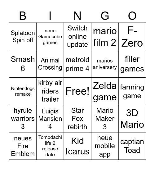 Nintendo Direct Bingo Card