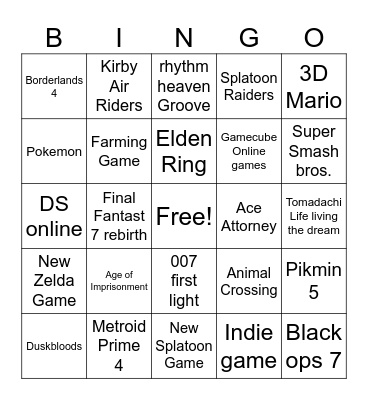 Nintendo Direct 9/12/25 Bingo Card