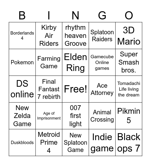 Nintendo Direct 9/12/25 Bingo Card