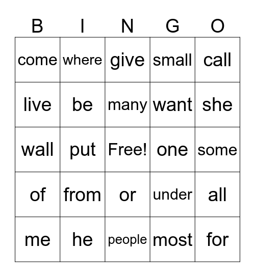Sight Words Bingo Card