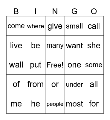 Sight Words Bingo Card