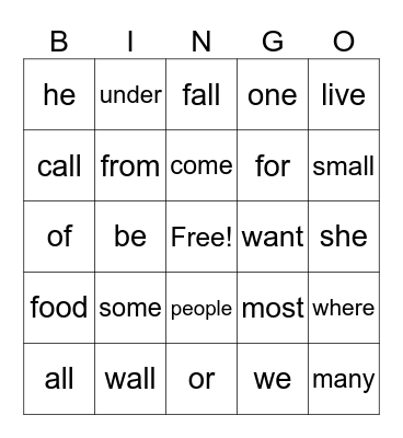 Sight Words Bingo Card