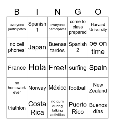 Back to school Español 2 Bingo Card