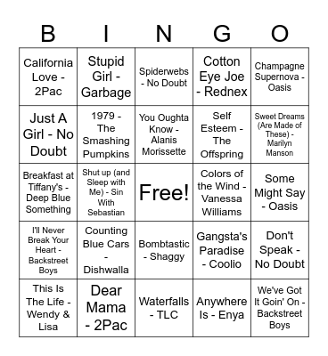 1995 Songs! Bingo Card