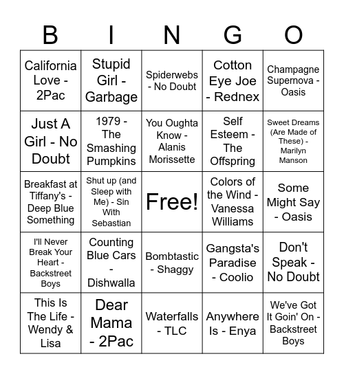 1995 Songs! Bingo Card