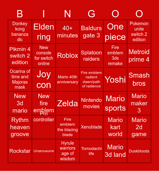 Nintendo direct september 2025 Bingo Card
