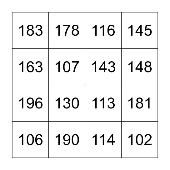 100 to 200 Bingo Card