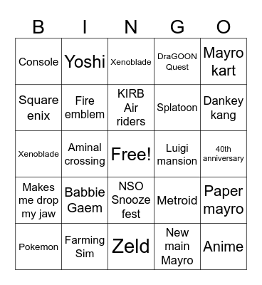 Nintendo Direct Bingo Card